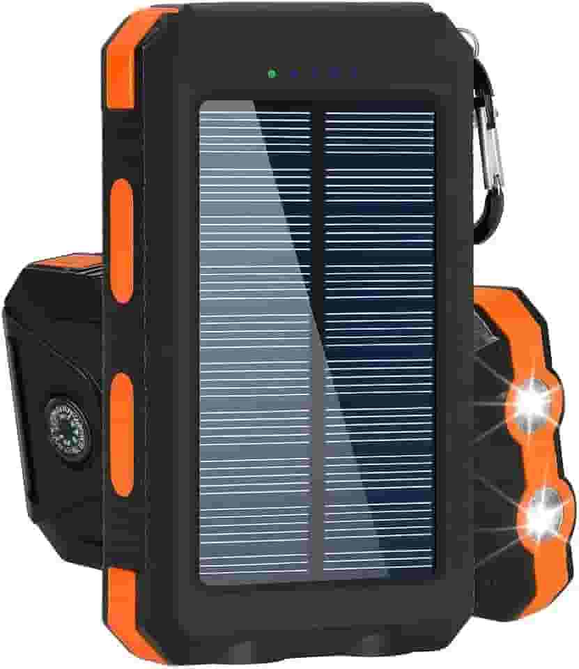 Power Bank Solar Portátil, 10000mAh, Preto, Carregamento Rápido, Bateria Solar com LED, USB Duplo, Resistente à Água IP4, para Smartphones e Dispositivos USB (Laranja)
