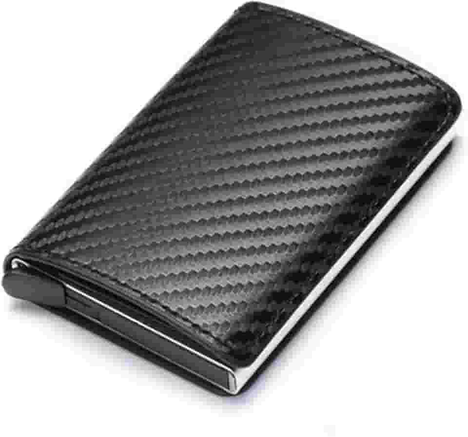 Carteira masculina com bloqueio de RFID, carteira de couro sintético de fibra de carbono com 8 compartimentos para cartão de crédito, linha moderna, fina, duas dobras para dinheiro