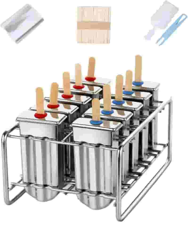10 moldes de picolé de aço inoxidável e formas de picolé de sorvete com 10 máquinas quadradas de picolé + 100 palitos de bambu reutilizáveis + 20 sacos + 1 escova de limpeza + 1 rack