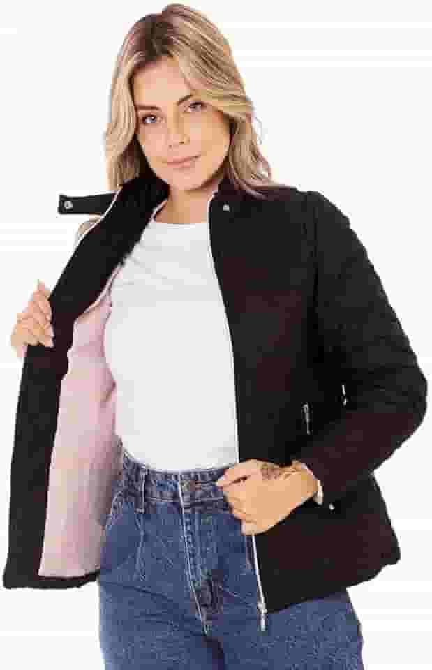 Jaqueta Feminina Forrada Corpo e Mangas Com Pelo Fleece Pelúcia Puffer Bobojaco Nylon Matelado Losangulo Acolchoado Gominho Inverno Frio