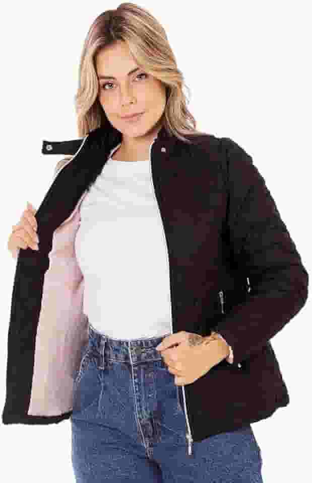 Jaqueta Feminina Forrada Corpo e Mangas Com Pelo Fleece Pelúcia Puffer Bobojaco Nylon Matelado Losangulo Acolchoado Gominho Inverno Frio