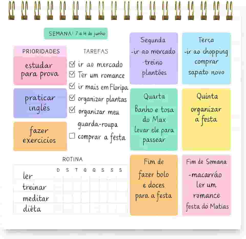 Planner Semanal Colorido com 50 Folhas, Espiral Dourado, Organizador Pessoal com Seções para Prioridades, Tarefas e Rotina