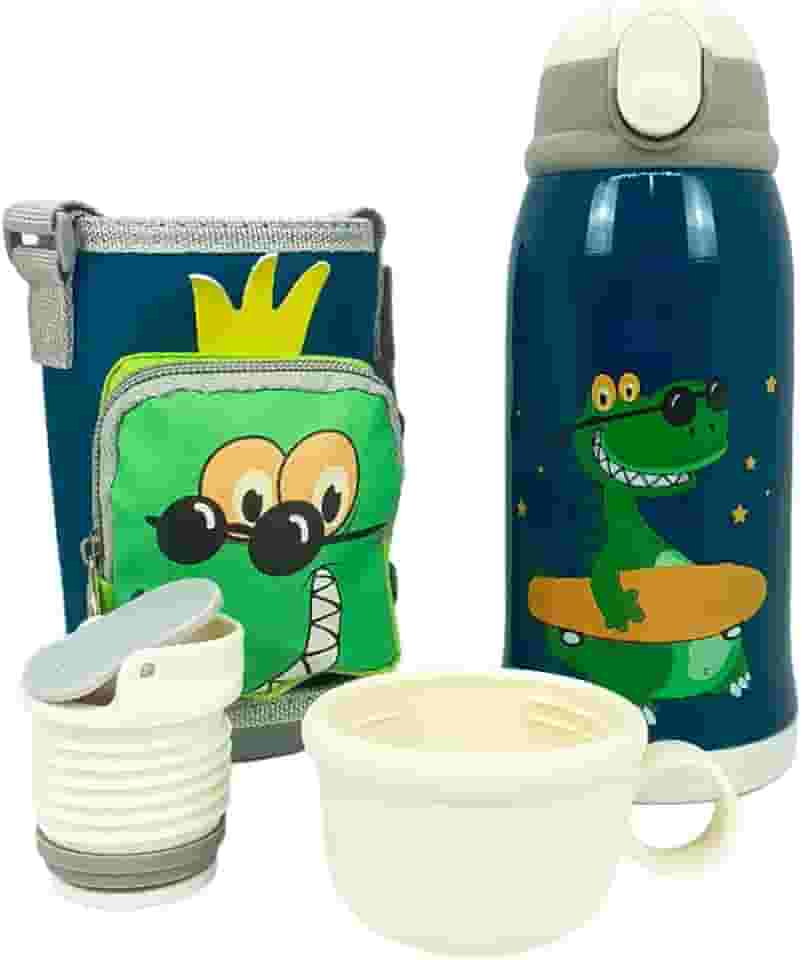 Garrafa Térmica Infantil Bebê Escola Parede Dupla Inox 550ML 2em1 +Suporte (VERDE)