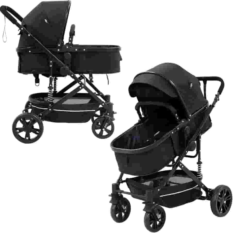 Carrinho de Bebê Passeio Reversível Moisés 2 em 1 Baby Style Wonder 15Kg Dobrável Compacto Confortável Assento Ajustável Capota Cesto 4 Rodas Preto