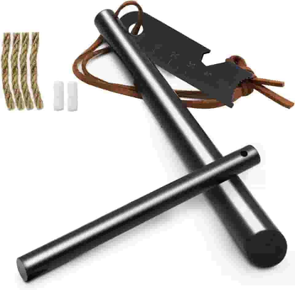 BCHARYA Ferramenta de sobrevivência para iniciantes de fogo, kit de haste de ferro com cordão de pescoço de couro e multiferramentas, ignição de sobrevivência de pederneira e aço com corda e aba para