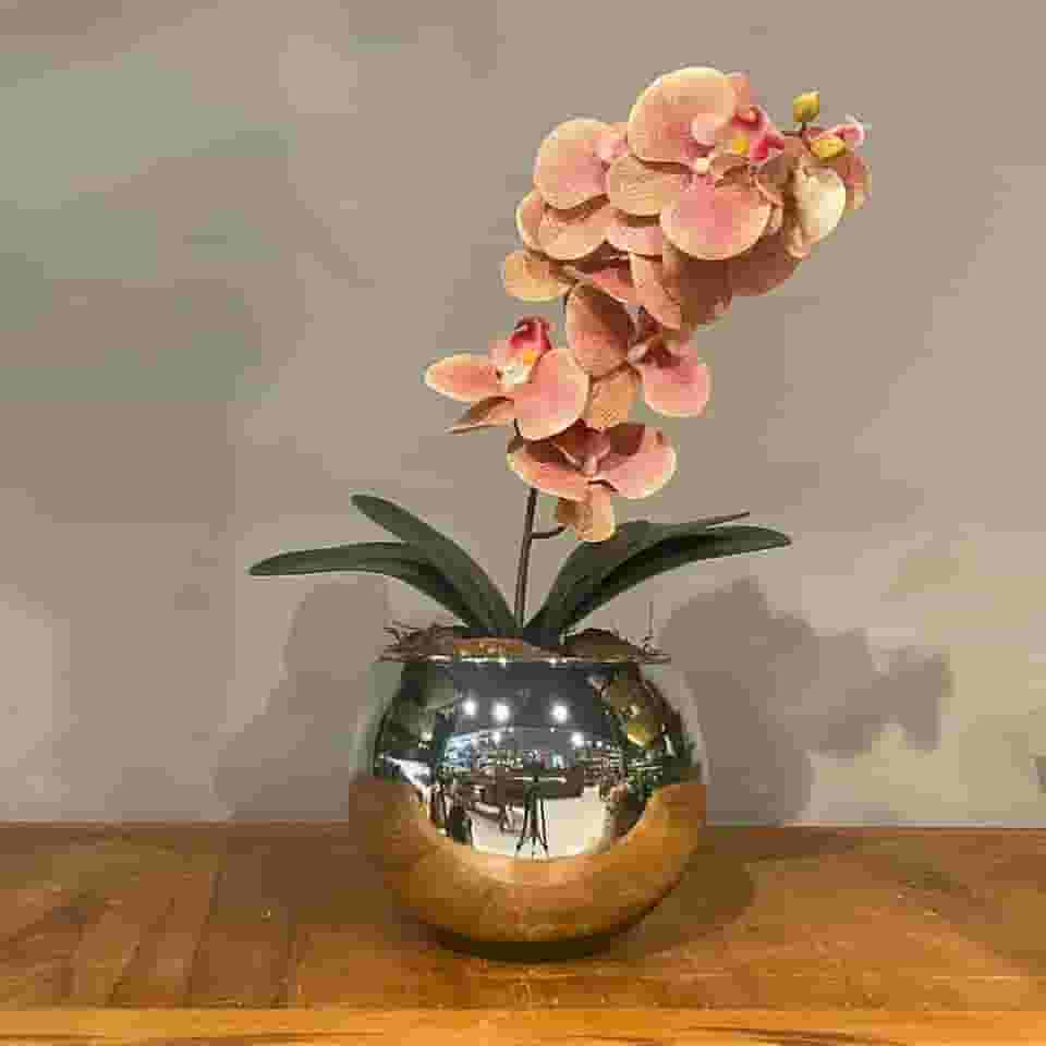 Orquídea Rosa Artificial Arranjo no Vaso Espelhado Flores Permanentes