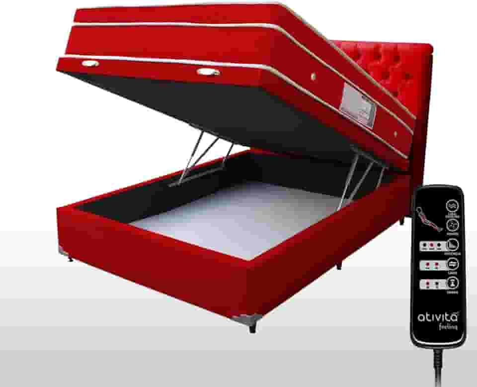 Colchão Massagem Casal LOFT Com Controle Operacional + Base Box Baú Premium + Cabeceira Completo (Vermelho Cabeceira Vermelha))