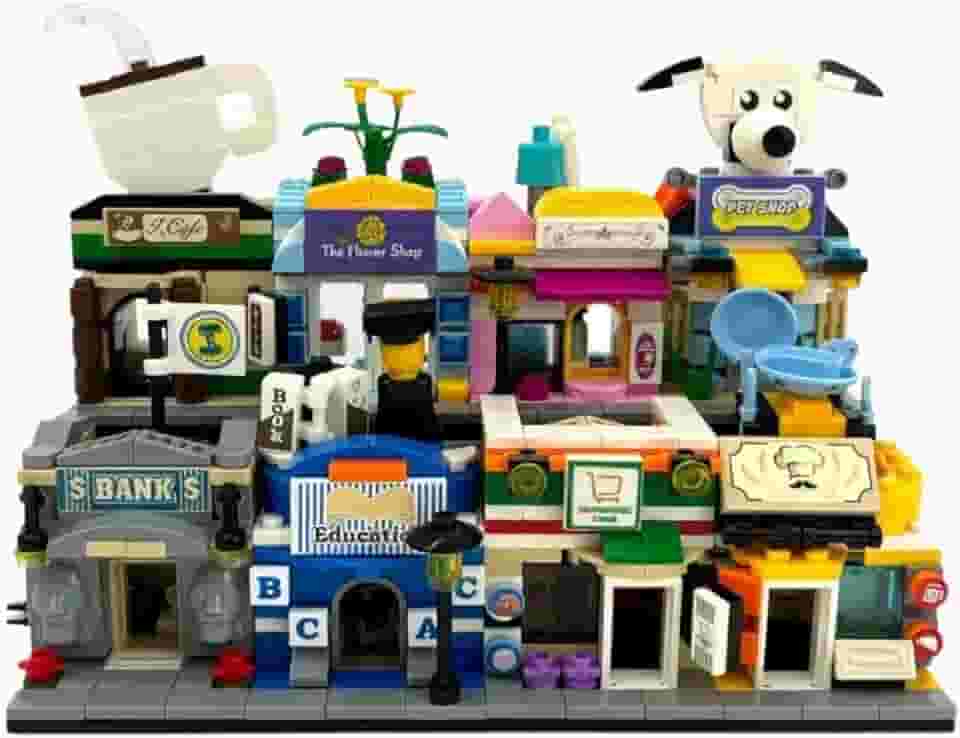 Kit de Blocos de Montar Cidade com 8 Estabelecimentos Conjunto Miniatura com Café Floricultura Banco Pet Shop Brinquedo Educativo de Construção