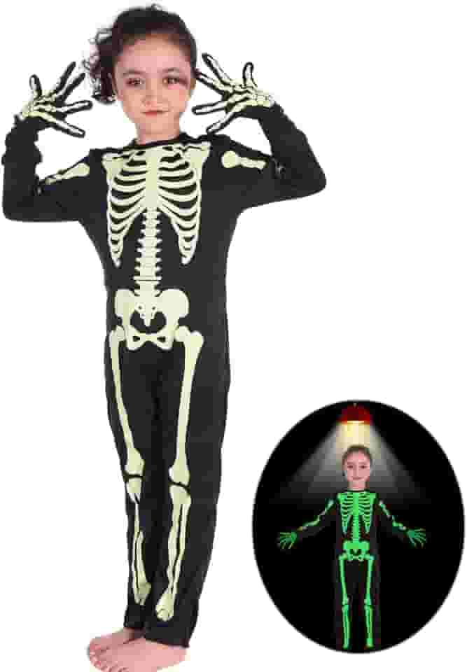 Halloween Skeleton Costumes kids Glow in The Dark Skeleton Costumes with Gloves Halloween Scary Jumpsuit for Girls Boys 3-12T