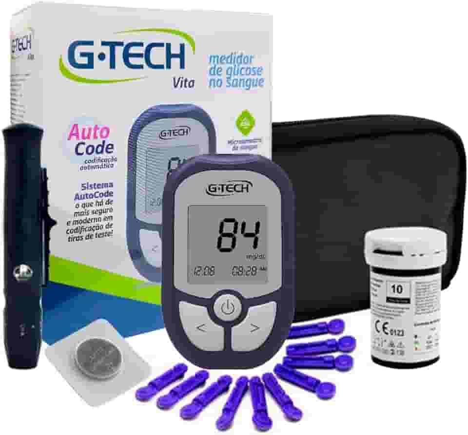 Kit Medidor de Glicose G-Tech Vita Com 10 Tiras + 10 Lancetas E Caneta Lancetadora - Glicosímetro Glicemia
