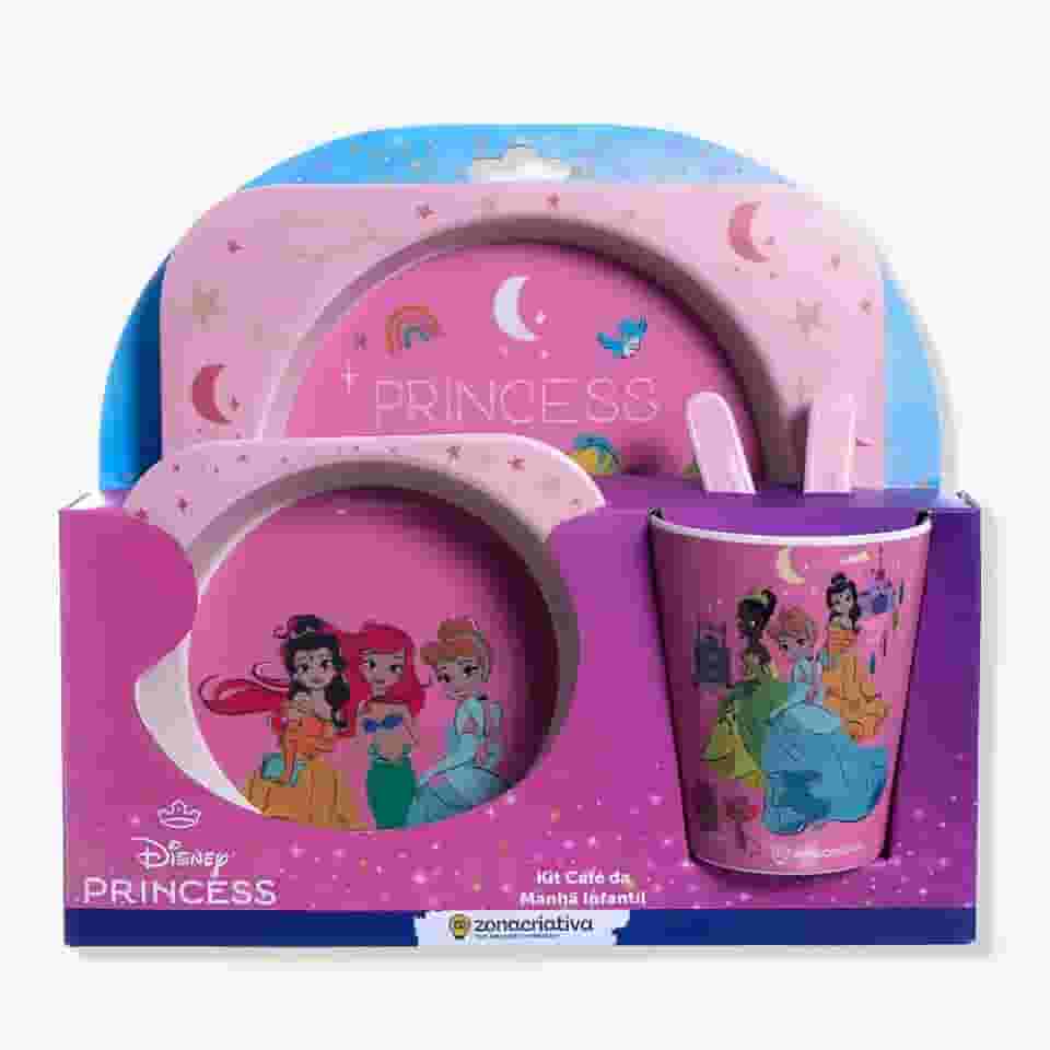 Zonacriativa – Kit Alimentação Infantil Princesas Disney | Prato, Bowl 350ml, Copo 250ml e Talheres em Fibra de Bambu e Melamina | Refeições Divertidas e Seguras para Crianças