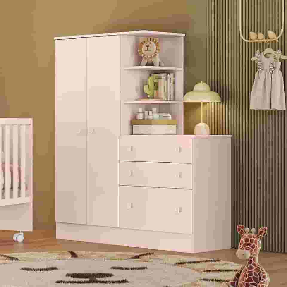 Guarda Roupa Roupeiro com Cômoda Doce Sonho Rosa Qmovi