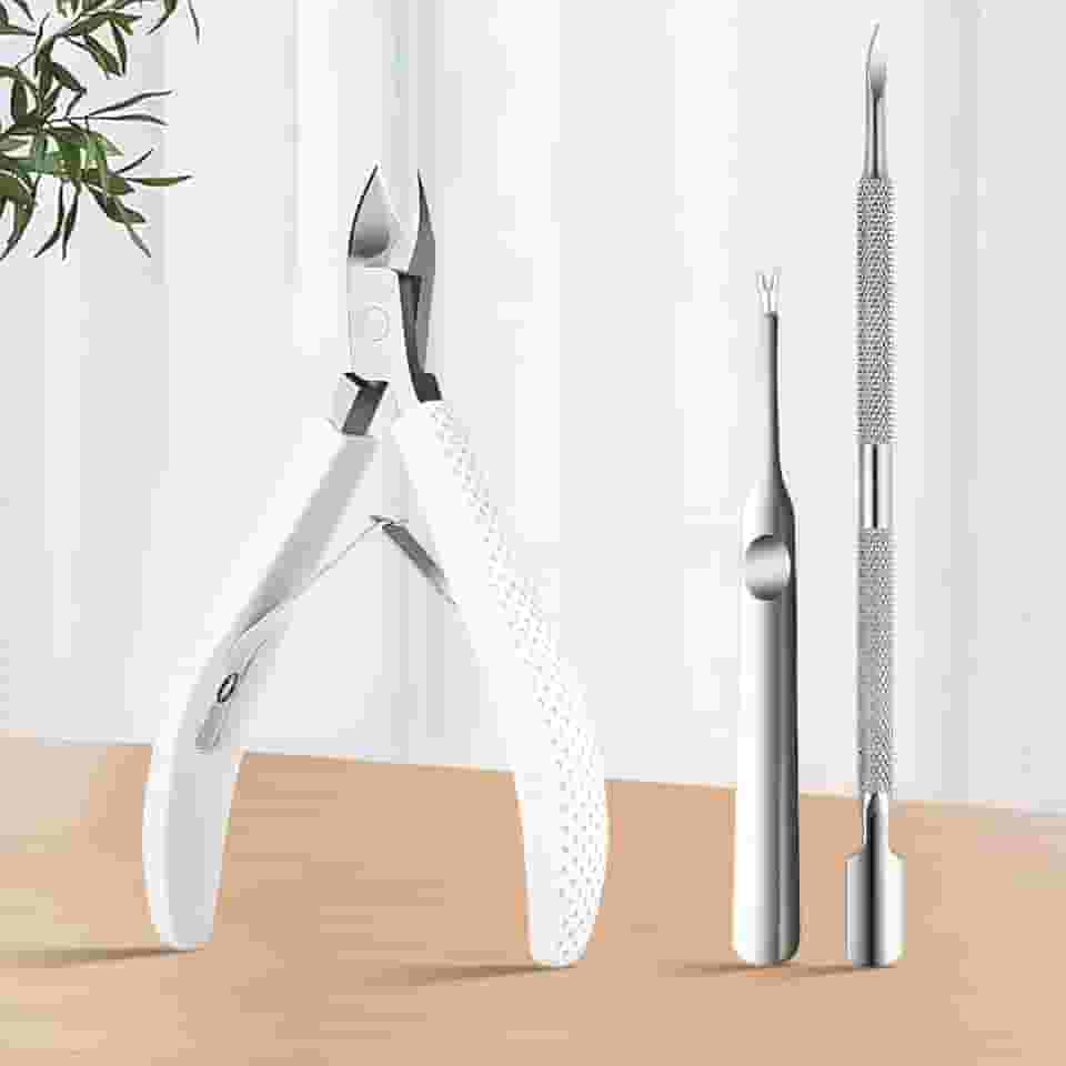 Alicate e cortador de cutículas com alça de silicone com empurrador de cutícula, ferramenta de remoção de aço inoxidável para cuidados com as unhas, itens essenciais para manicure e pedicure