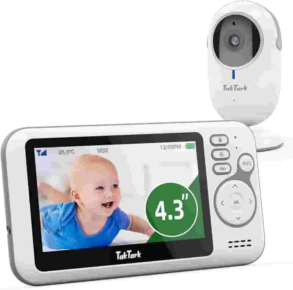 TakTark Babá Eletrônica Câmera, 4.3" Monitor de Bebe, Sem Wi-Fi, 2 Way Audio, Visão Nocturna, Zoom Digital, Economia de energia VOX, Temperatura ambiente, Ideal para Pais Novos