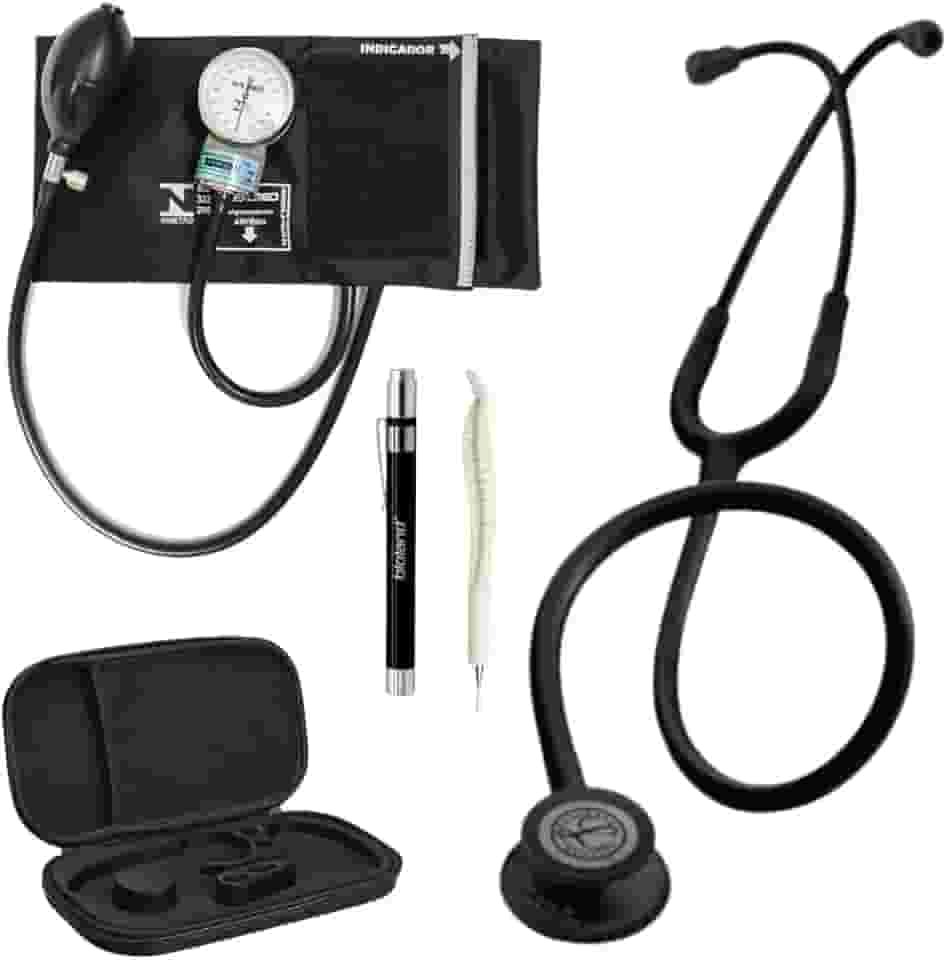 Kit Estetoscópio Black Edition 5803 + Esfigmomanômetro + Case + Lanterna Clínica + Caneta de Osso