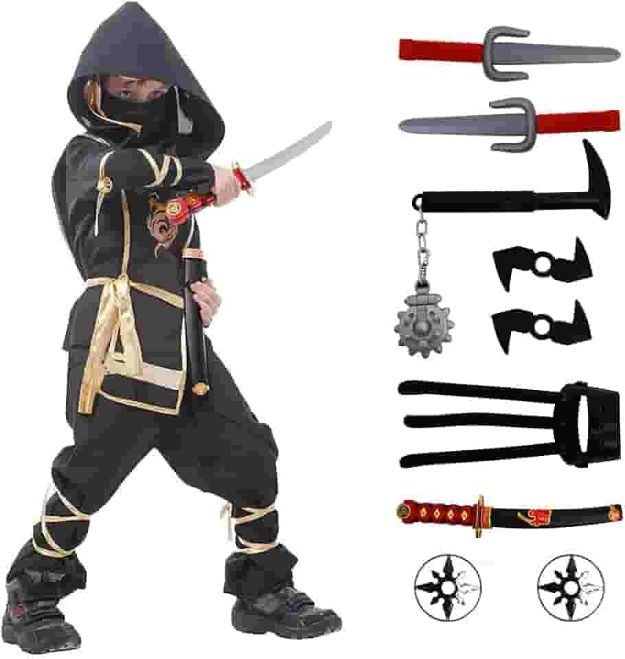 Fantasia de ninja de Halloween para meninos com acessórios incluídos para crianças e melhores presentes (Dragão Dourado, Grande (7-9 anos)