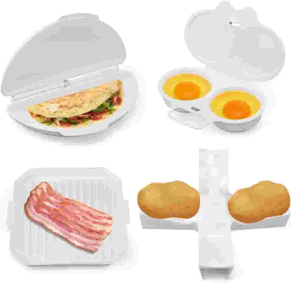 4 Peças Conjunto de Café Manhã para Micro-Ondas, Incluindo Omeleteira Antiaderente Escalfador Ovos com 2 Cavidades Assadeira Bacon Suporte Batatas e Utensílios de Cozinha Fáceis Usar Micro-Ondas