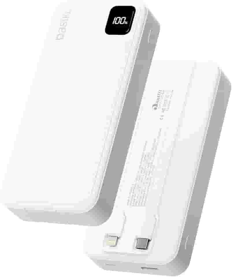 Basike Power Bank, Carregador Portátil Universal 20000mAh, USB-A(até 22.5W)+USB-C(até PD20W), com 2 Cabos Integrados (USB-C, Lightning) Carregamento Rápido, Led Indicador de Bateria (Branco)