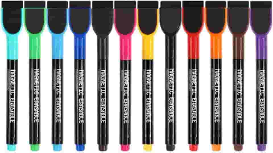 Kit 12 Canetas Magnéticas Quadro Branco Lousa Porta Recado Geladeira C/Apagador Ponta Fina Colorida