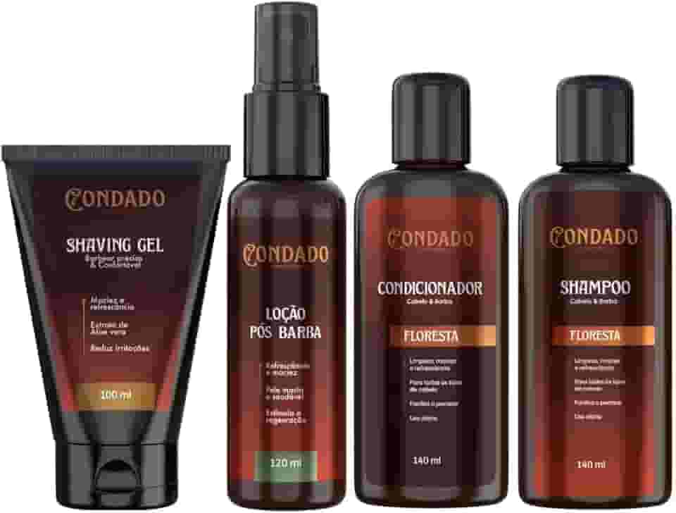 Kit Barba Masculina 4 em 1 Shampoo + Condicionador Gel de Barbear Loção Pós-Barba cuidados para barba e cabelo (Floresta (Amadeirado))