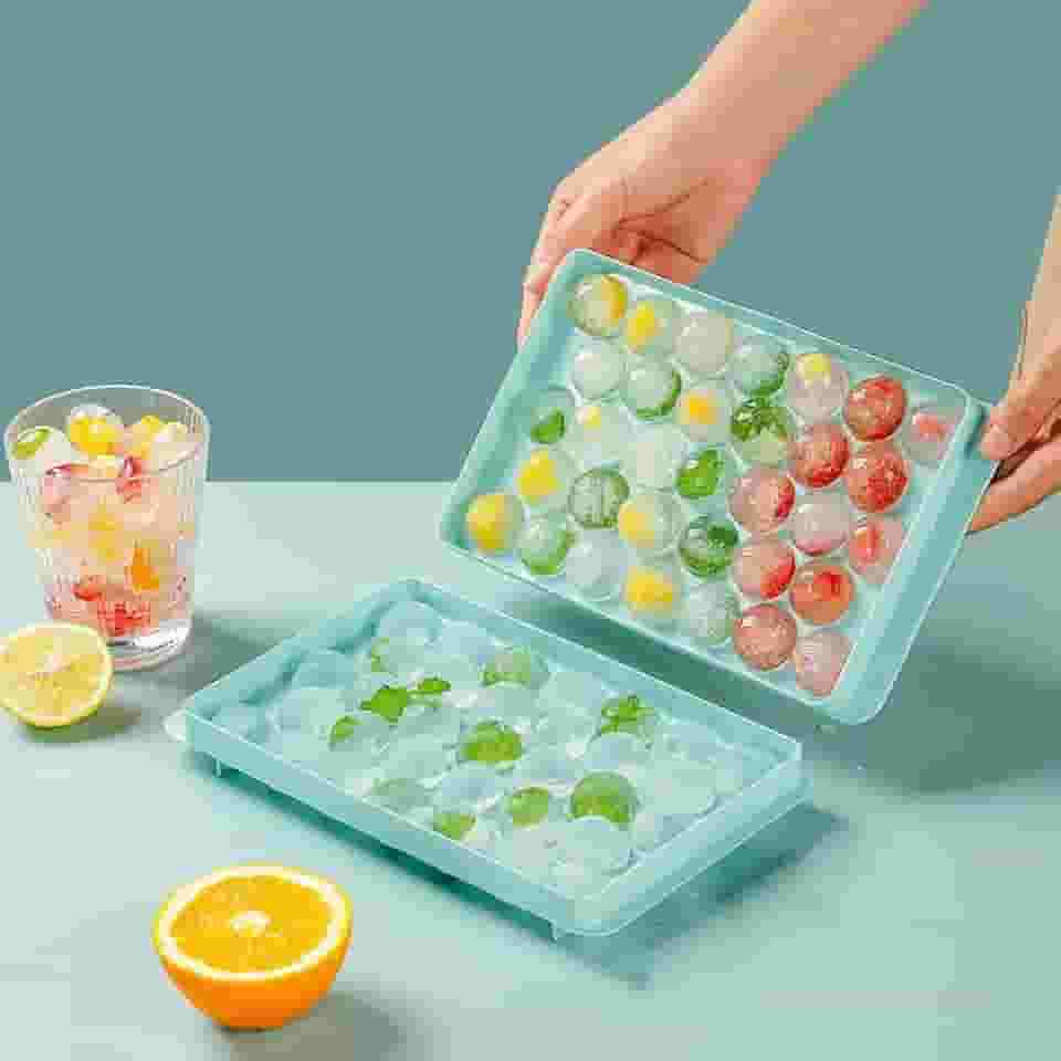 Bandejas redondas para cubos de gelo com tampa, 33 bolas de gelo redondas para coquetéis, café, cerveja, molde de fabricação de gelo de fácil liberação