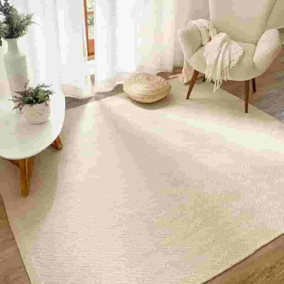 Tapete Algodão Sala Quarto Antiderrapante 2,00 x 1,40 Rústico Artesanal Emborrachado Cru Chevron Off White Lavável