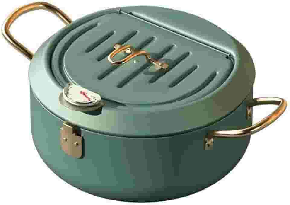 maogear Panela Tempura fritadeira profunda com termômetro e tampa, 24 cm, 3200 ml, aço carbono com revestimento antiaderente, tempura frita/frango/peixe/camarão, ótima frigideira (20 cm)