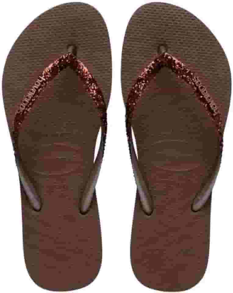 Chinelo Slim, Feminino, Marrom com Glitter Bronze, Borracha, Tiras Finas, Sola Anatômica, para Lazer e Praia
