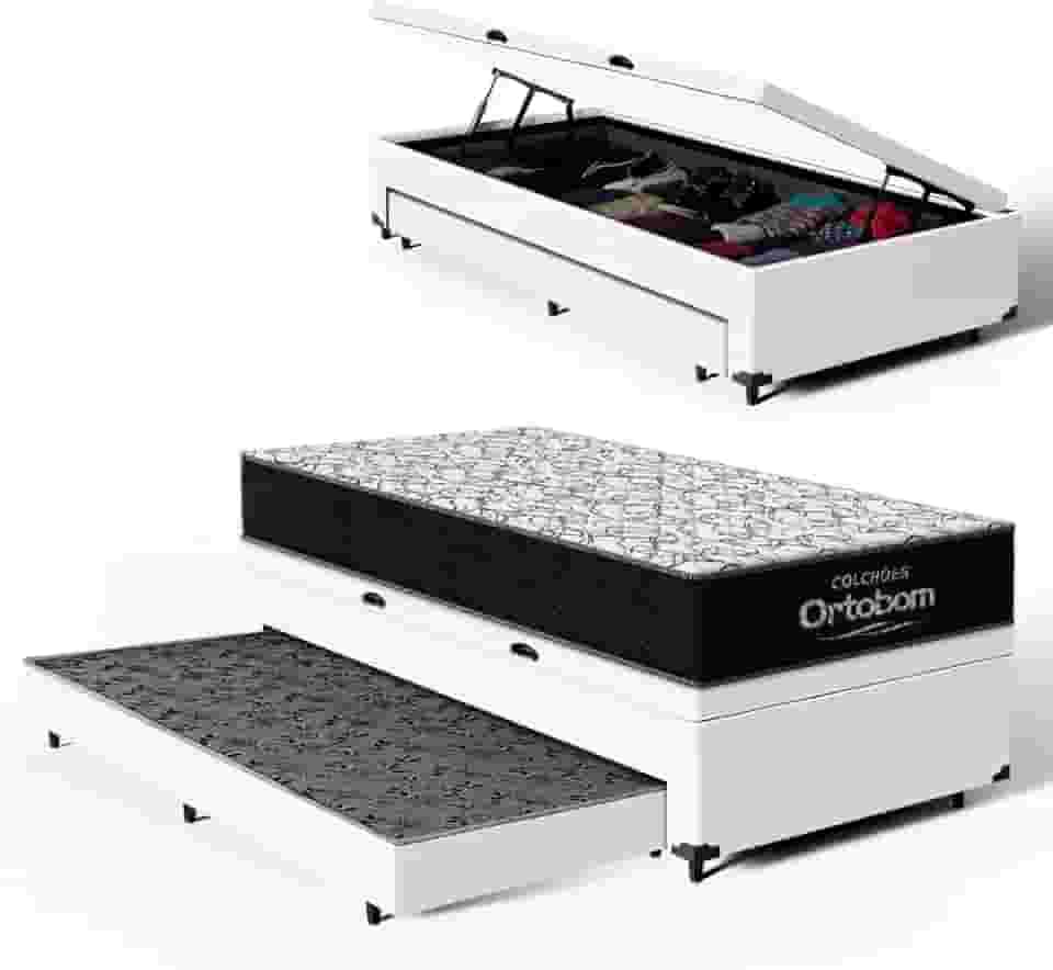 Bicama com Box Baú Solteiro com Colchão de Espuma D45 Ortobom Airtech 150 + Auxiliar Unique 88cm (Branco)