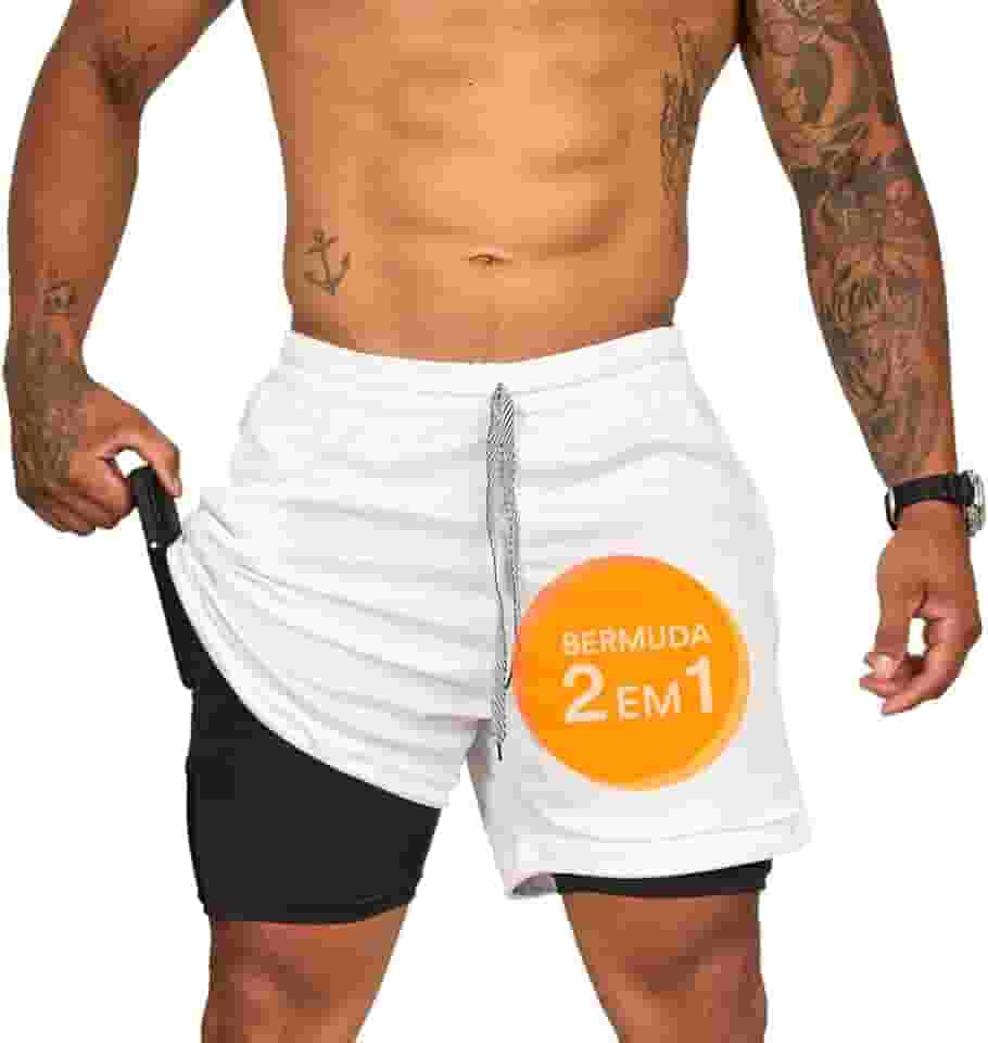 Shorts Duplo Masculino 2 em 1 Bermuda Dry Fit Treino Calção com Bolso Celular Academia Fitness Musculação CLICK MAGAZINE