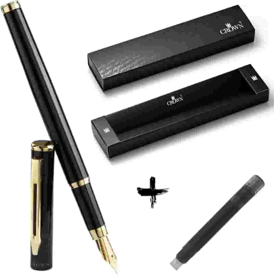 Kit Caneta Crown Capricci Tinteiro Ponta de Pena Iridium Alemã + Case Exclusiva Crown + Refil Extra Preto (Preto)