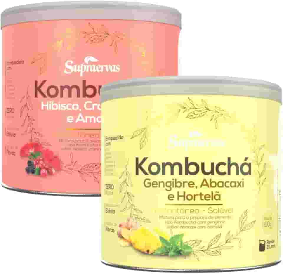 Kombucha Sabor Gengibre Abacaxi e Hortela + Hibisco Cramberry e Amora 200gr 1 Lata de Cada