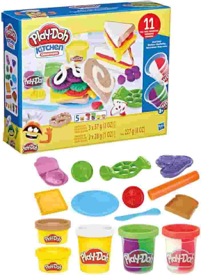 Play-Doh Kitchen Creations Conjunto de massinha Sanduíches Coloridos kit de massinha com acessórios e 5 cores de massa Play-Doh, presente de Natal criativo para meninos e meninas acima de 3 anos