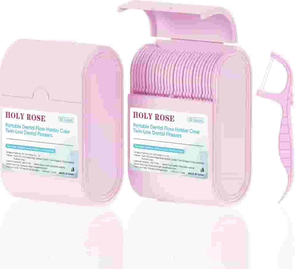 Holy Rose Palitos de fio dental rosa, 2 pacotes de estojos de viagem com fio dental de linha dupla, 104 unidades, palitos de dente de menta, flossers é uma ferramenta de higiene bucal para dentes