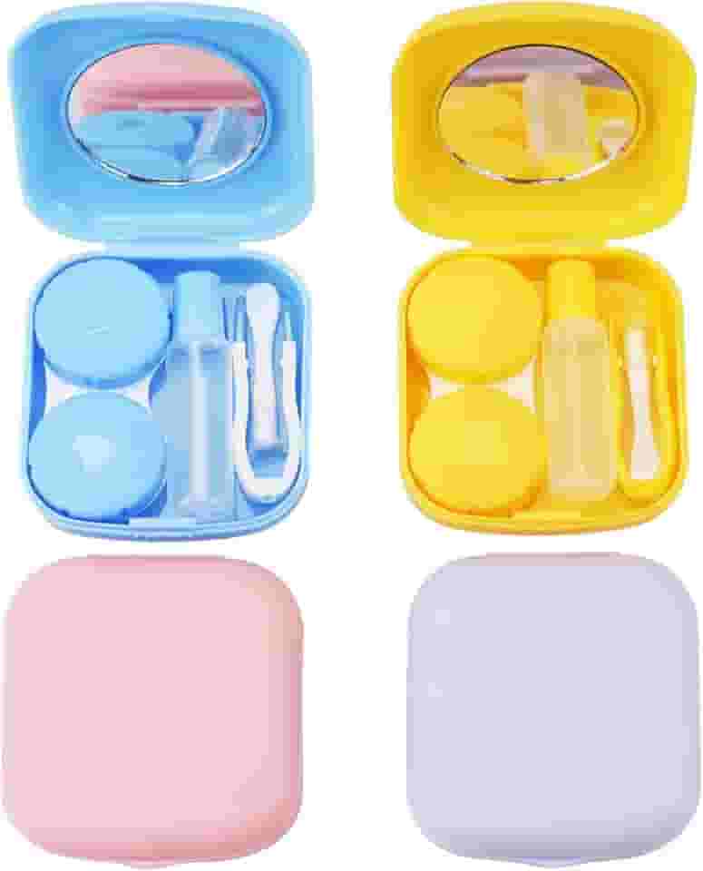 QVVQ 4 peças de estojo para lentes de contato, recipiente colorido para porta-lentes de contato, mini kit de armazenamento de imersão para lentes de contato ao ar livre com espelho para viagem e casa