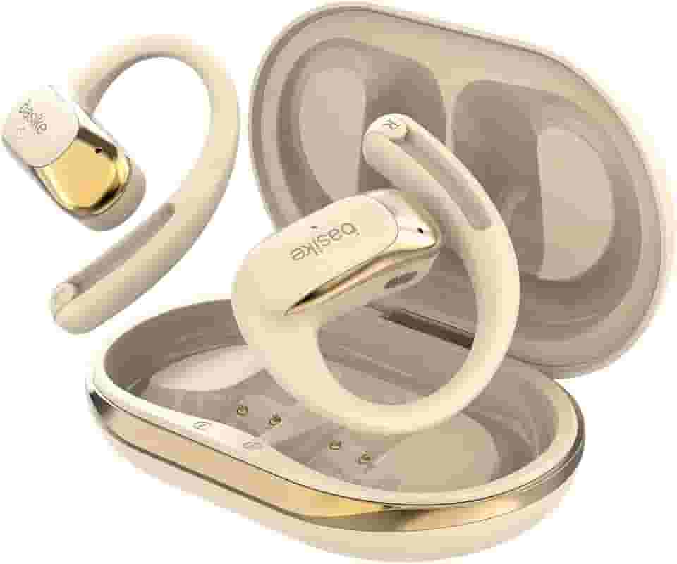 Fone de Ouvido Bluetooth, Basike Fone sem Fio OWS Bluetooth 5.4, Som Estéreo HD, Cancelamento de Ruído, Bateria de 24h, Compatível com Android/iOS/HarmonyOS para Corrida e Fitness(Cáqui)