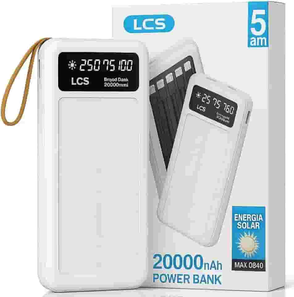 Carregador Solar Portátil Power Bank 20000Mah Painel Solar - Com Cabos Embutidos Display Digital Ideal Para Viagens E Camping (BRANCO)