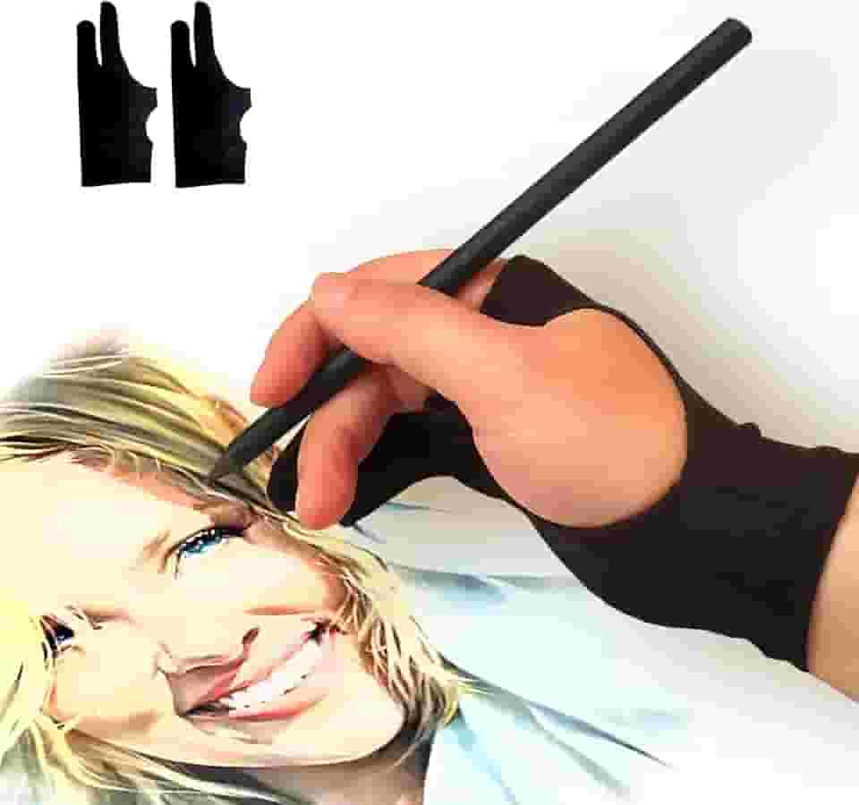 Luva de desenho, luva de arte digital de rejeição de palma de 3 camadas para tablet gráfico, luvas de artista com dois dedos para iPad, esboço de papel, protetor de manchas (2 peças, pequena)