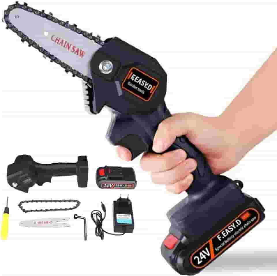 Mini Moto Serra Motosserra a Bateria Elétrica Portátil 600w 24v Carregador Bivolt Recarregável para Galhos Bambu e Madeira Sabre de 10cm 2000mah -CLICK FACIL - Serra Portátil