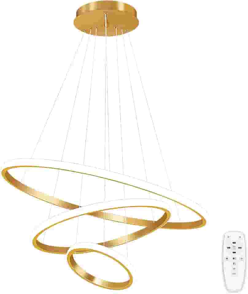 Luminária Pendente LED Moderna Dourada De 3 Anéis, Luminária De Teto Regulável Por Controle Remoto, Luminária Pendente De Embutir Redonda, 3000-6000K