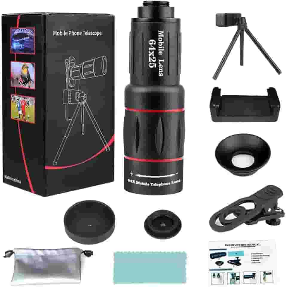 Lente teleobjetiva 64x para celular, telescópio monocular HD com suporte de tripé ajustável e braçadeira, lente zoom FMC para fotografia de longa distância, vlogging, observação de pássaros
