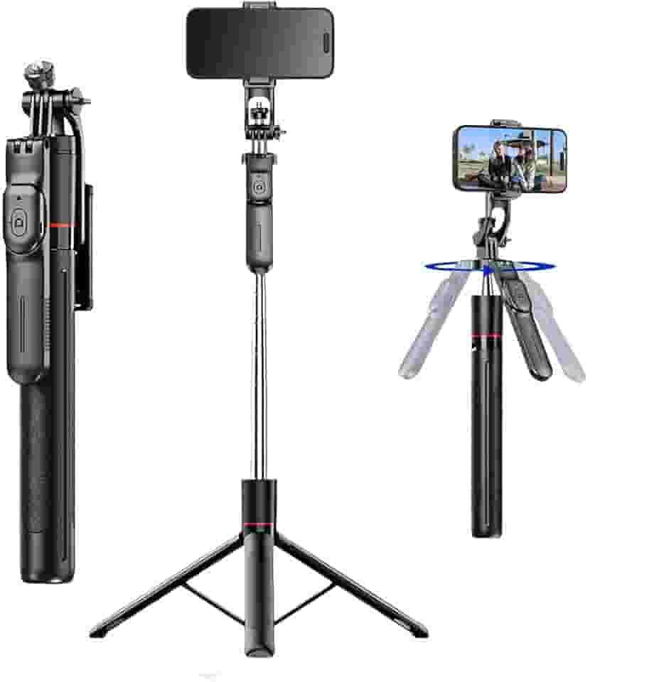 BEMMY Tripé Extensível 170CM Rotação de 360° para Celular, Vara de Selfie com Clipe e Controle Remoto, Tripé de Viagem com Clipe de Telefone Destacável para iPhone, Sony, Canon, GoPro (A)