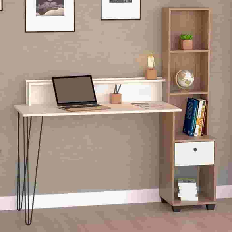 Escrivaninha Hairpin com Estante Nichos e Gaveta Branco