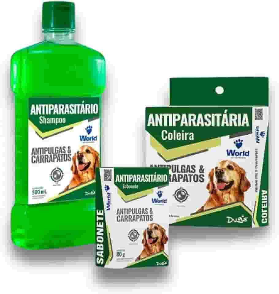 Shampoo Sabonete e Coleira Dugs Antipulgas Carrapatos Para Cães World Veterinária
