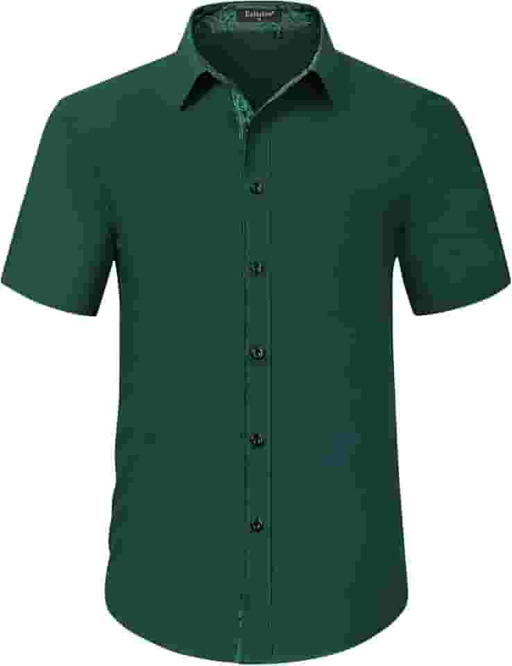 Camisa social masculina de manga curta, cor sólida, ajuste regular, casual, abotoada, com bolso