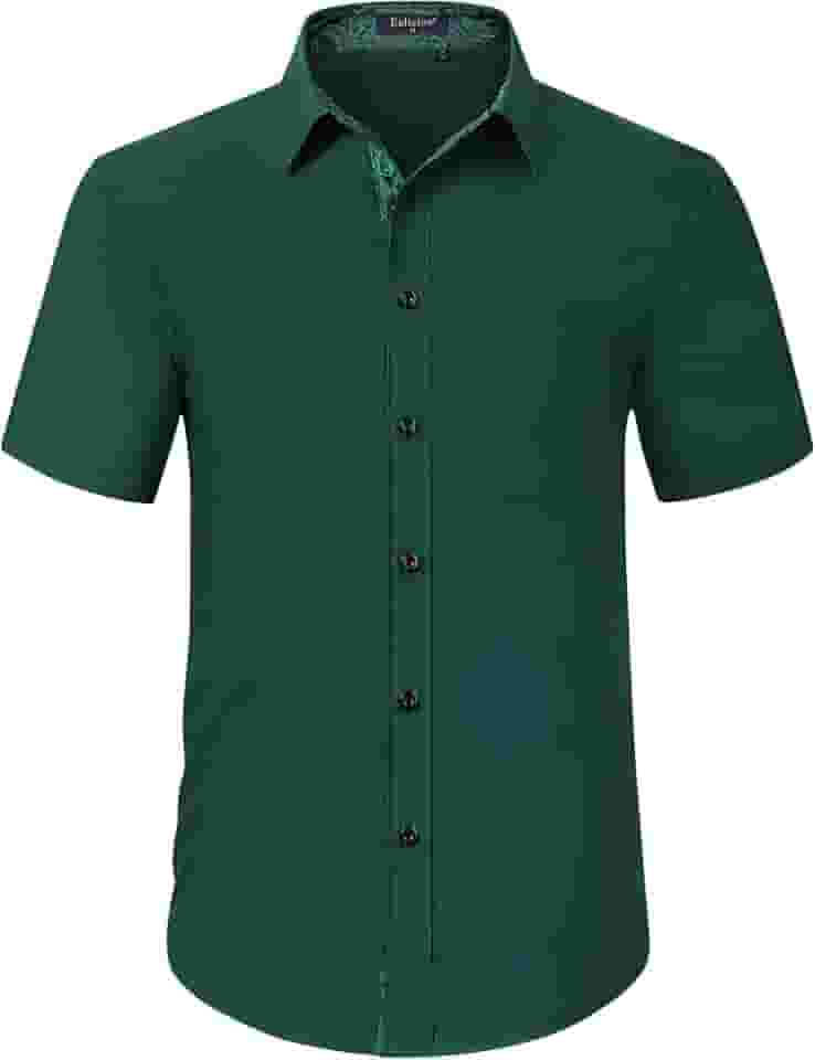 Camisa social masculina de manga curta, cor sólida, ajuste regular, casual, abotoada, com bolso