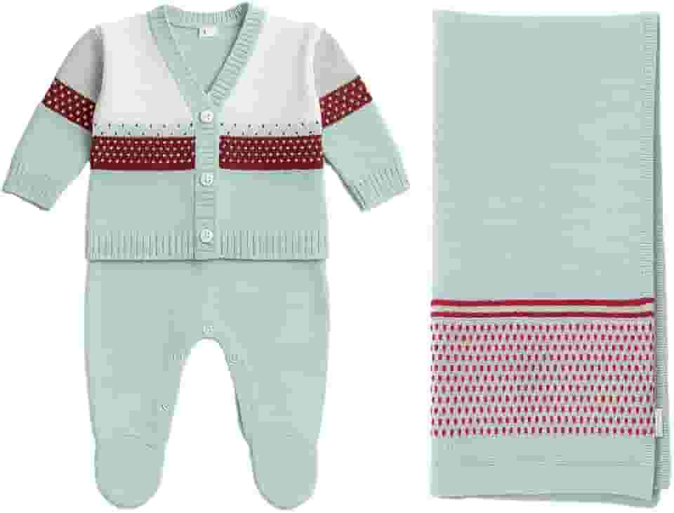 Saída de Maternidade Tricô Azul com Casaco e Manta – Kit Bebê Completo