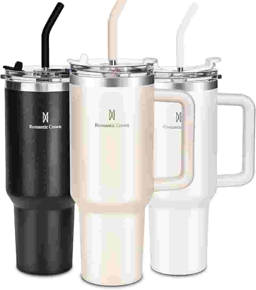 Romantic Crown Copo Térmico com Canudo Tampa e Alça 1,18L, Copos Garrafas Termico para viagem vácuo dupla camada aço inoxidável, Caneca Termica Cafe Água Chá,Presente, Fitness (Rosa claro)