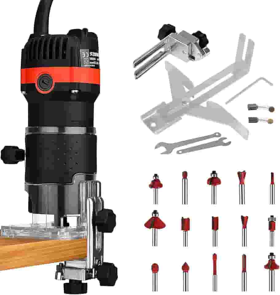 Tupia Manual 220V 800W, Fresadora Manual para Madeira, Tupia para Trabalhos em Madeira, 30000 RPM Aparador de Bordas Compacto, com Conjunto de Fresas de Carboneto de Tungstênio de 1/4'