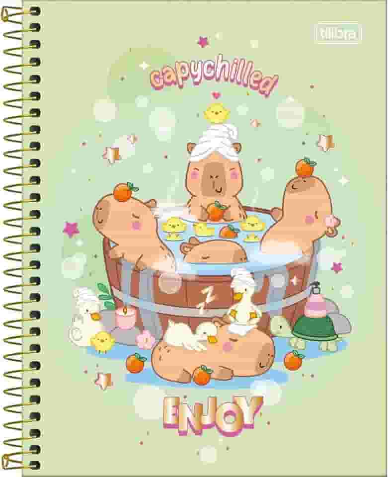 Tilibra - Caderno Espiral Capa Dura Colegial 10 Matérias Capyclub 120 Folhas - Capa Verde - Capychilled Enjoy